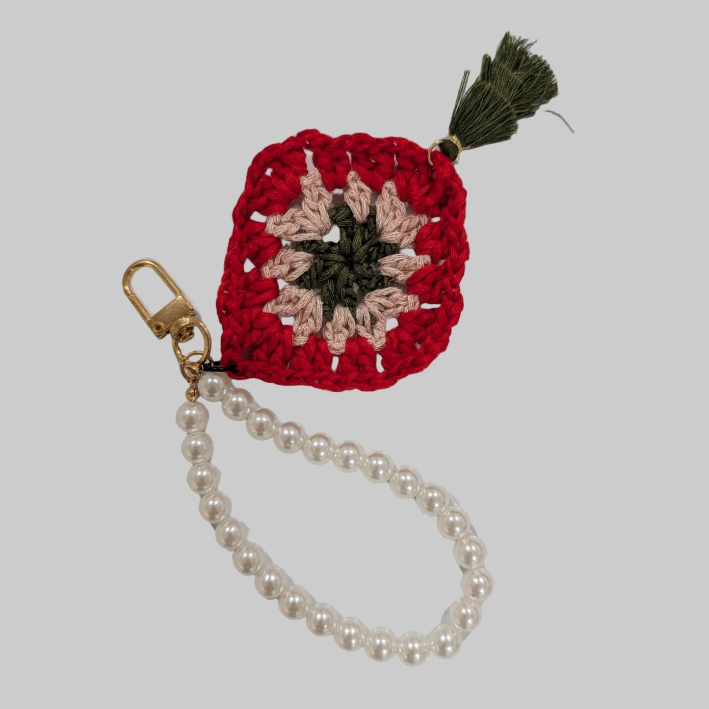 White Pearl Bracelet with Crochet Square Flower Charm – Versatile Keychain & Phone Accessory - goosavvy.com