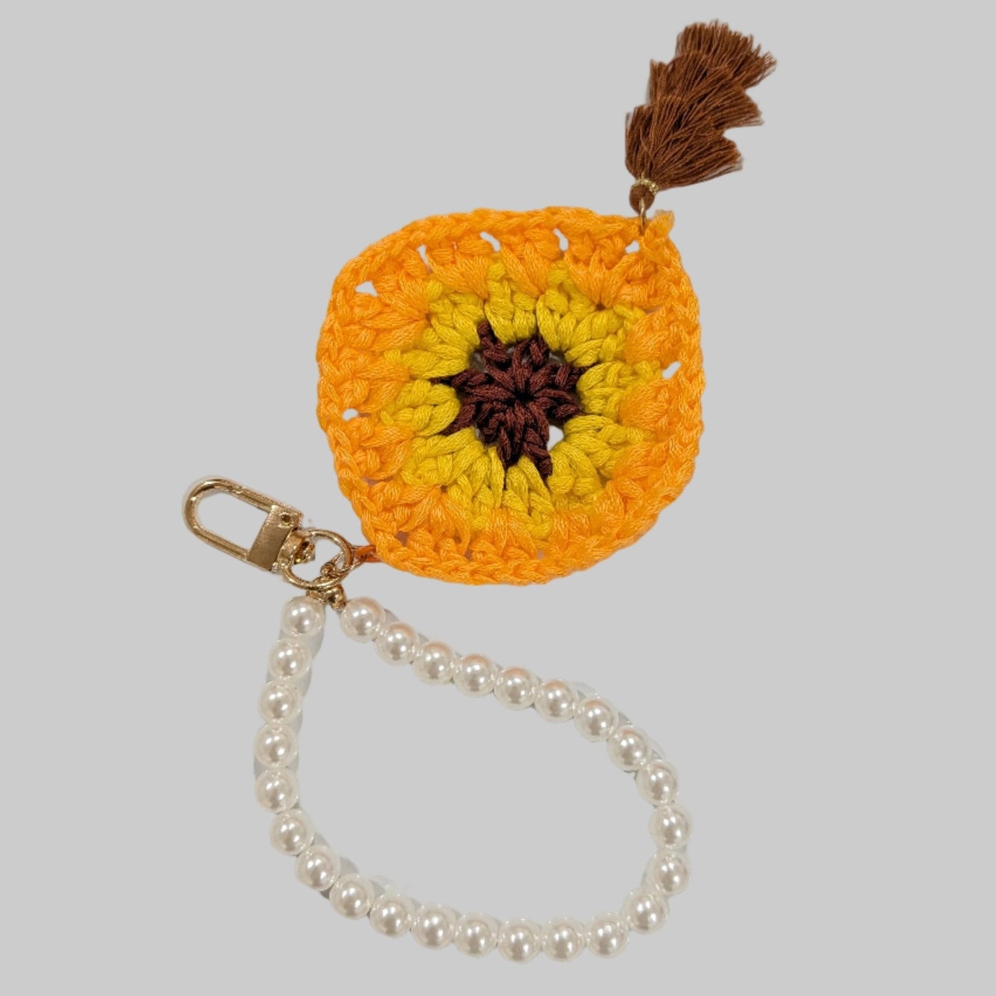 White Pearl Bracelet with Crochet Square Flower Charm – Versatile Keychain & Phone Accessory - goosavvy.com
