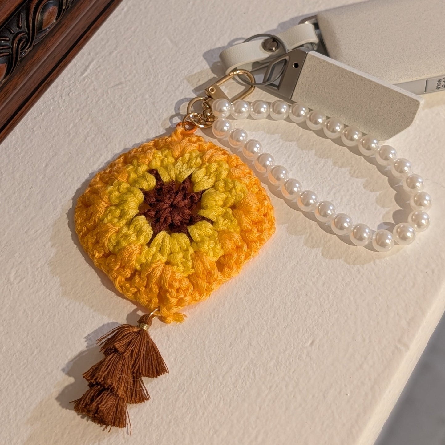 White Pearl Bracelet with Crochet Square Flower Charm – Versatile Keychain & Phone Accessory - goosavvy.com