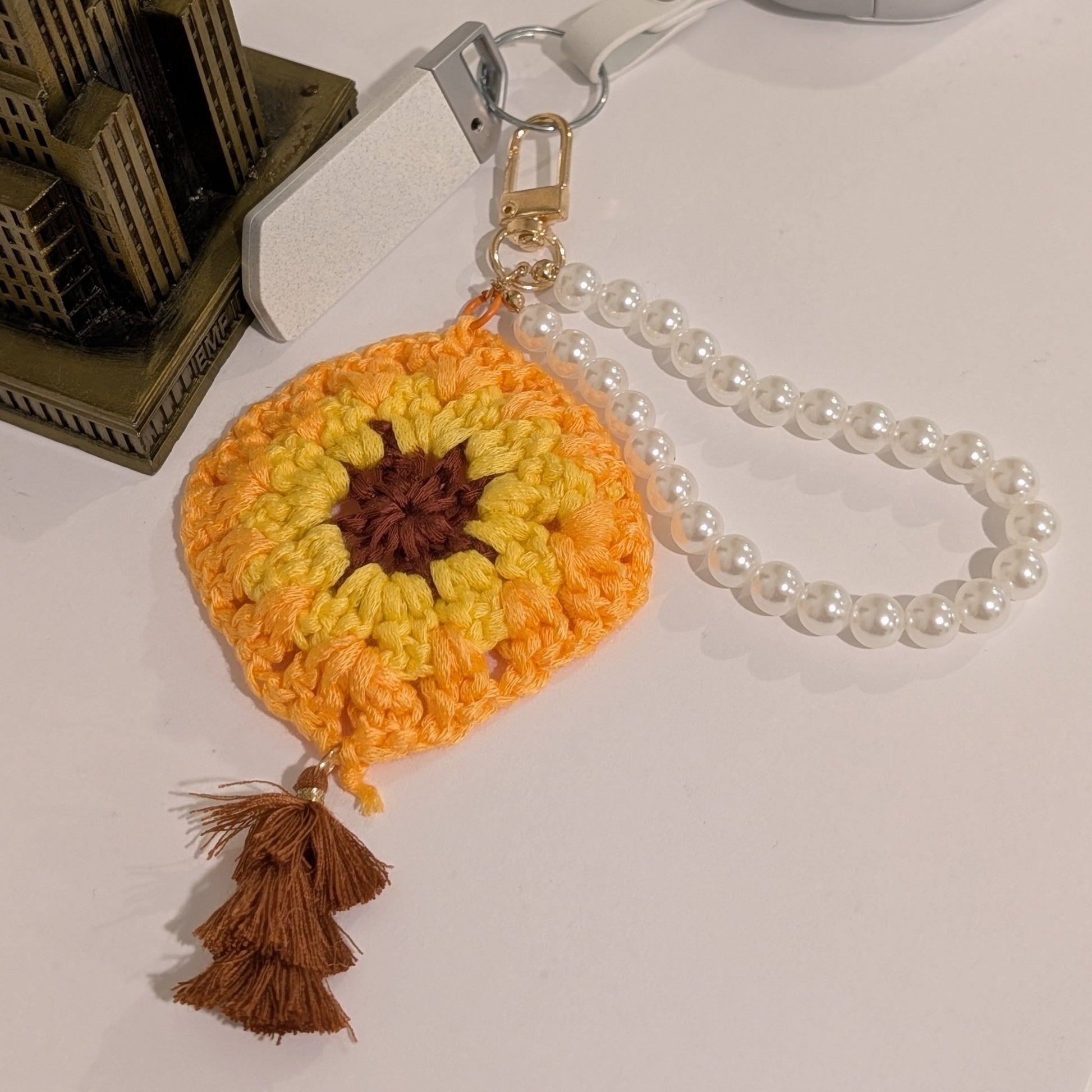 White Pearl Bracelet with Crochet Square Flower Charm – Versatile Keychain & Phone Accessory - goosavvy.com