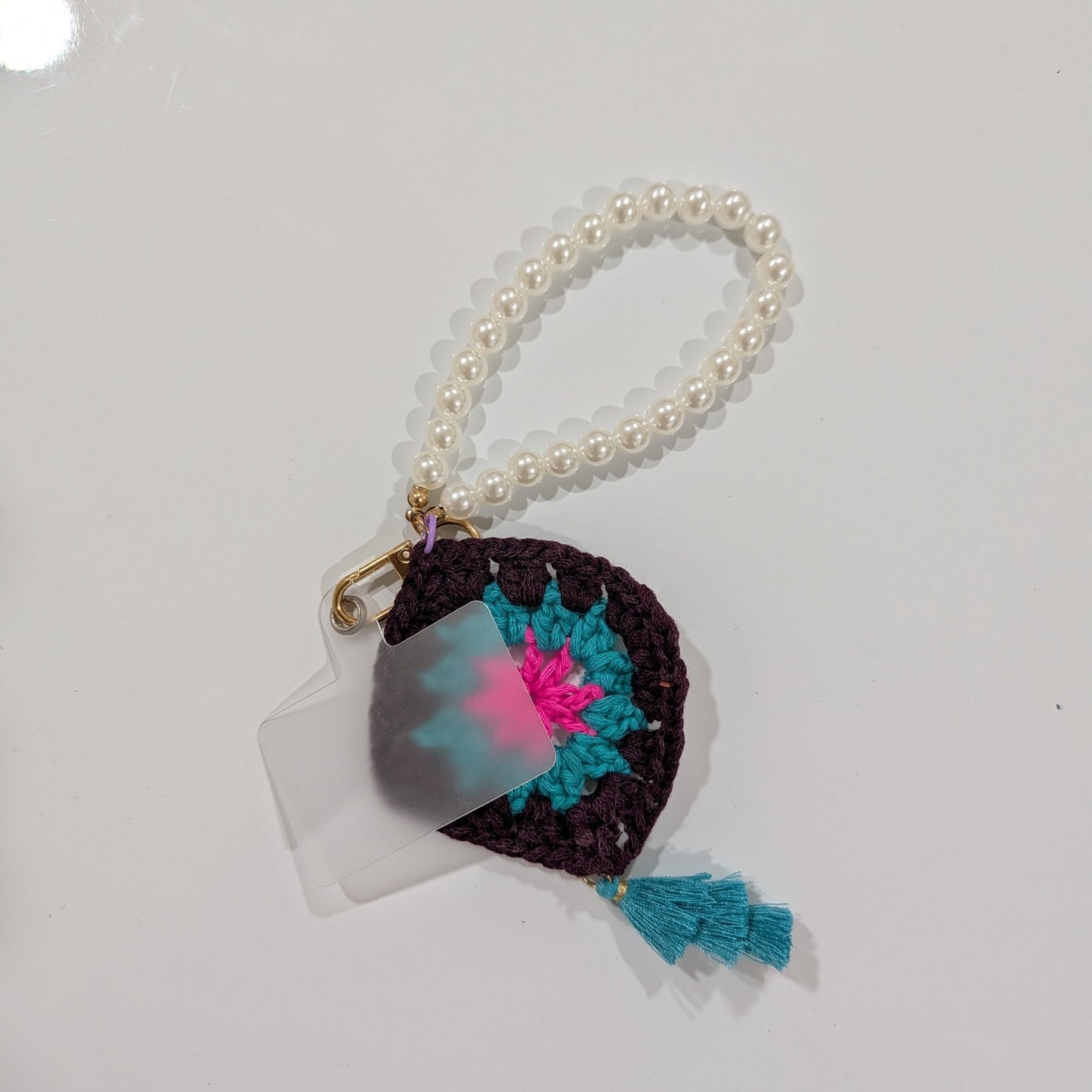 White Pearl Bracelet with Crochet Square Flower Charm – Versatile Keychain & Phone Accessory - goosavvy.com