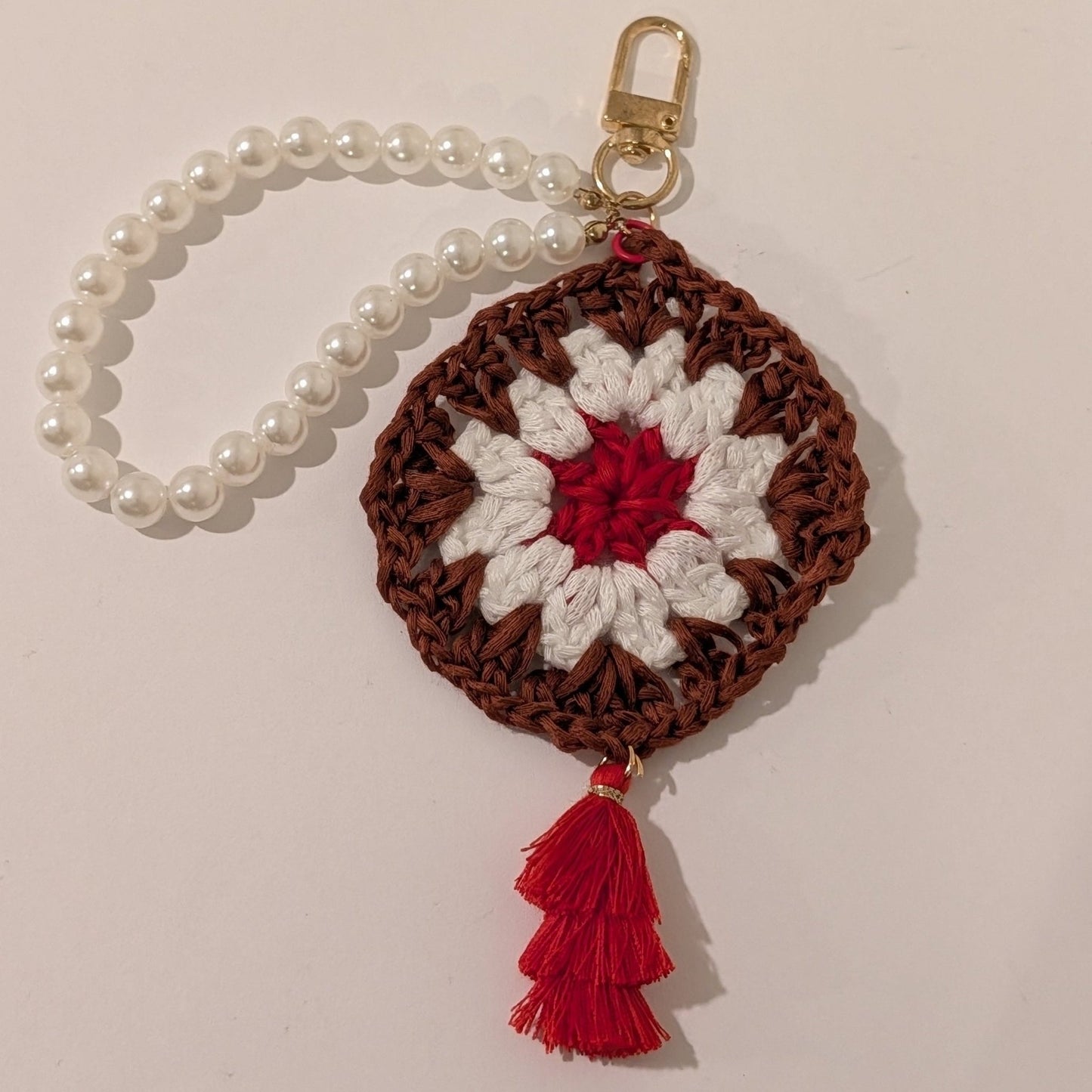 White Pearl Bracelet with Crochet Square Flower Charm – Versatile Keychain & Phone Accessory - goosavvy.com