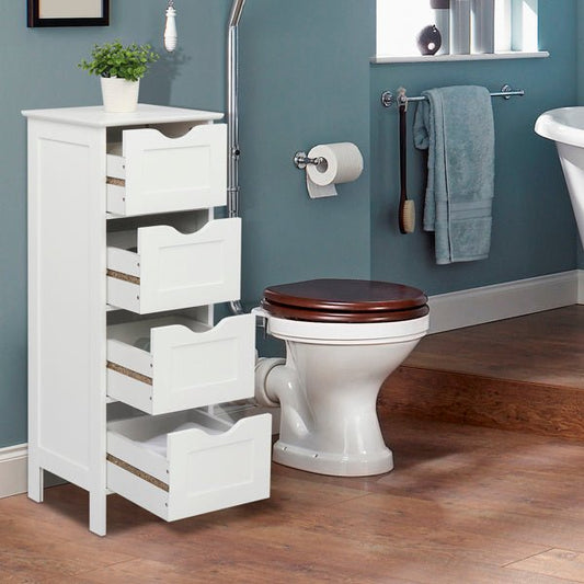 White Wooden Floor Cabinet with 4 Drawers – Freestanding Storage Organizer for Bathroom, Kitchen, Bedroom, or Entryway - goosavvy.com