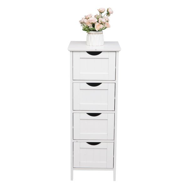 White Wooden Floor Cabinet with 4 Drawers – Freestanding Storage Organizer for Bathroom, Kitchen, Bedroom, or Entryway - goosavvy.com