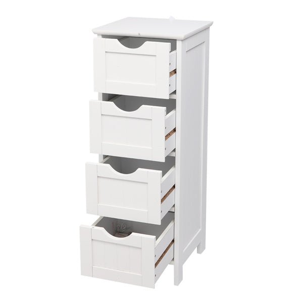 White Wooden Floor Cabinet with 4 Drawers – Freestanding Storage Organizer for Bathroom, Kitchen, Bedroom, or Entryway - goosavvy.com