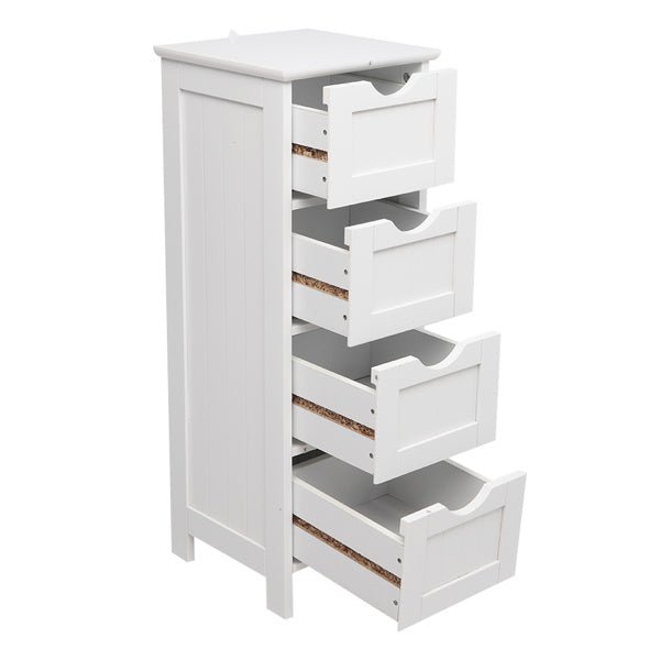 White Wooden Floor Cabinet with 4 Drawers – Freestanding Storage Organizer for Bathroom, Kitchen, Bedroom, or Entryway - goosavvy.com