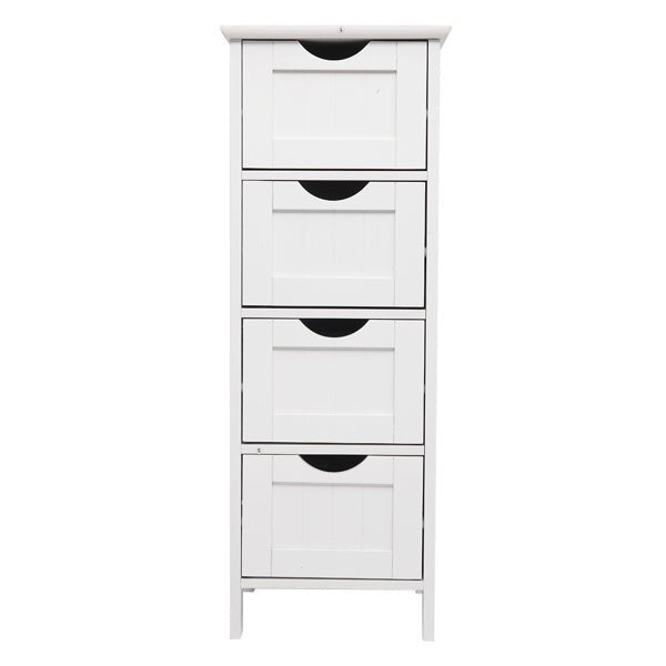 White Wooden Floor Cabinet with 4 Drawers – Freestanding Storage Organizer for Bathroom, Kitchen, Bedroom, or Entryway - goosavvy.com