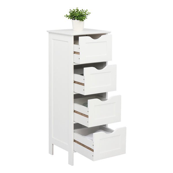 White Wooden Floor Cabinet with 4 Drawers – Freestanding Storage Organizer for Bathroom, Kitchen, Bedroom, or Entryway - goosavvy.com