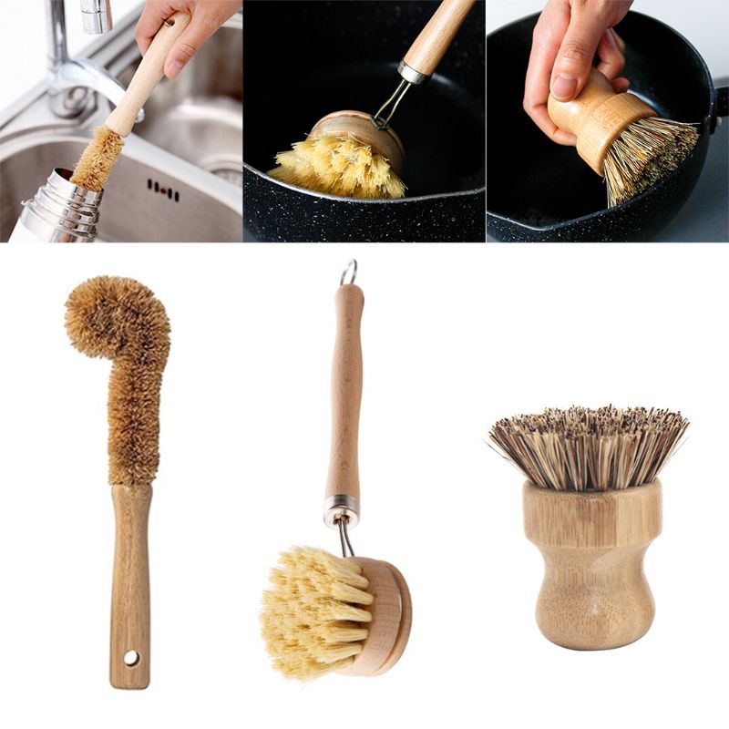Image for bamboo cleaning brushes being used to clean bottles and pans.