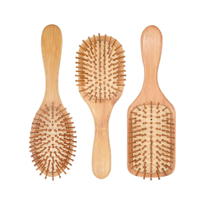 Image of all three available styles of bamboo wooden hair brush.