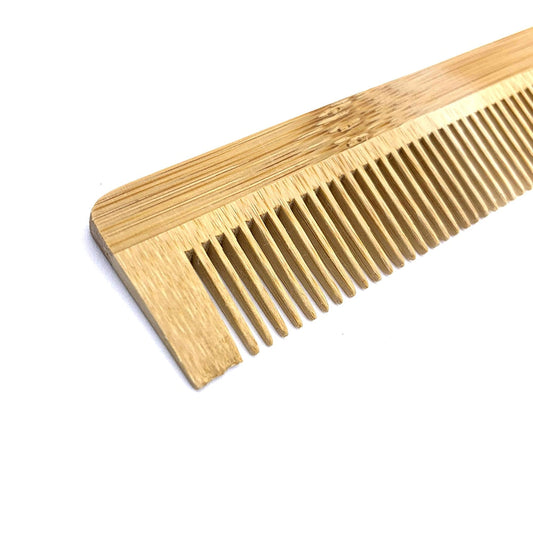 Image for bamboo wood hair comb showing its wide tooth side.