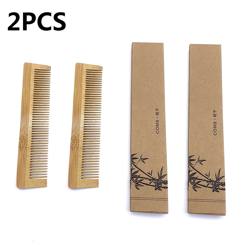 Image for two bamboo wood hair combs placed next to their plastic free packaging.
