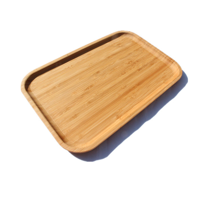Image with empty bamboo serving tray, side angle.