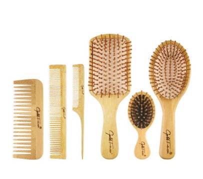 Image for bamboo hair brush set with one large round hair brush, one small round hair brush for kids, one large square head hair brush, one big tooth hair comb, one double hair comb and a long tail fine teeth hair comb.