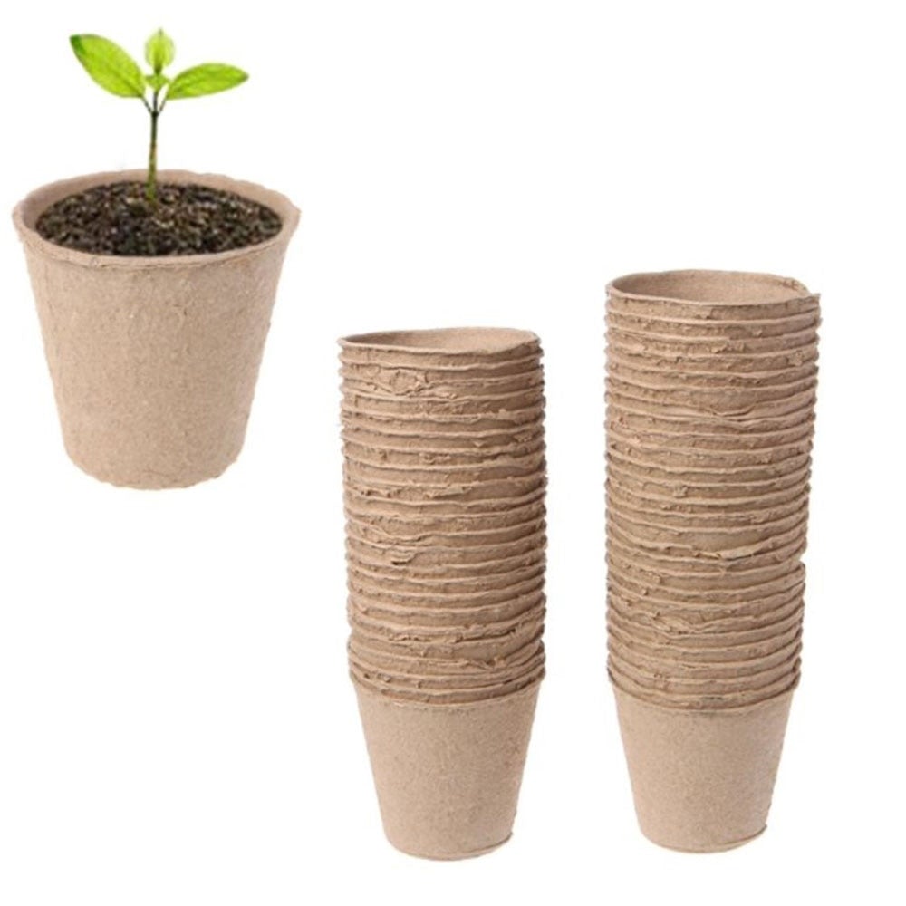 Image for biodegradable plant starters, one with a small plant in it and two piles of handful of empty pots stacked on top of each other.
