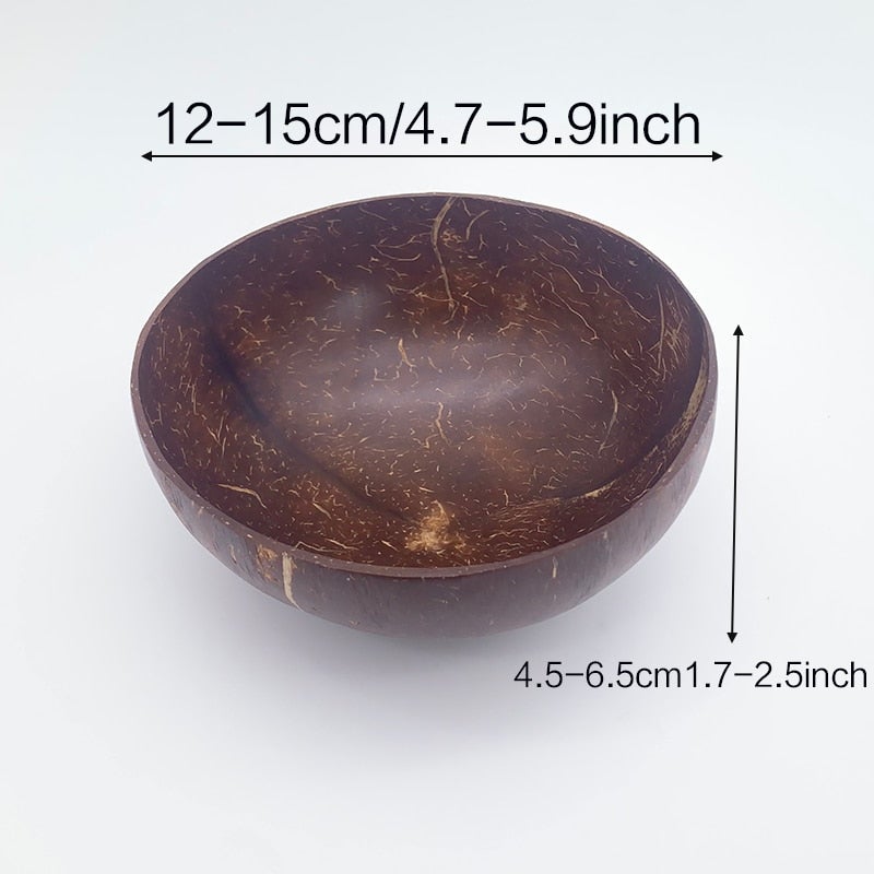 Image for a coconut bowl with marked dimensions. Diameter range is 4.7 inches to 6.9 inches and the height range is 1.7 inch to 2.5 inches.