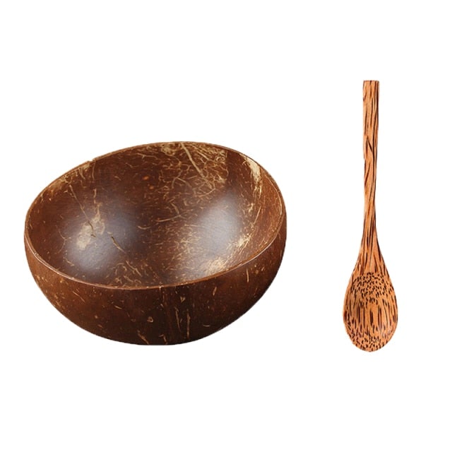 Image for a coconut bowl and a wooden spoon next to it.