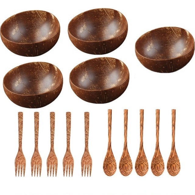 Image showing coconut bowls set, with 5 bowls, 5 wooden spoons and 5 wooden forks.