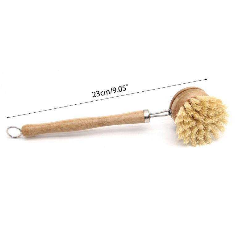 Image for long handle bamboo cleaning brush with marked dimensions as 9.05 inch.