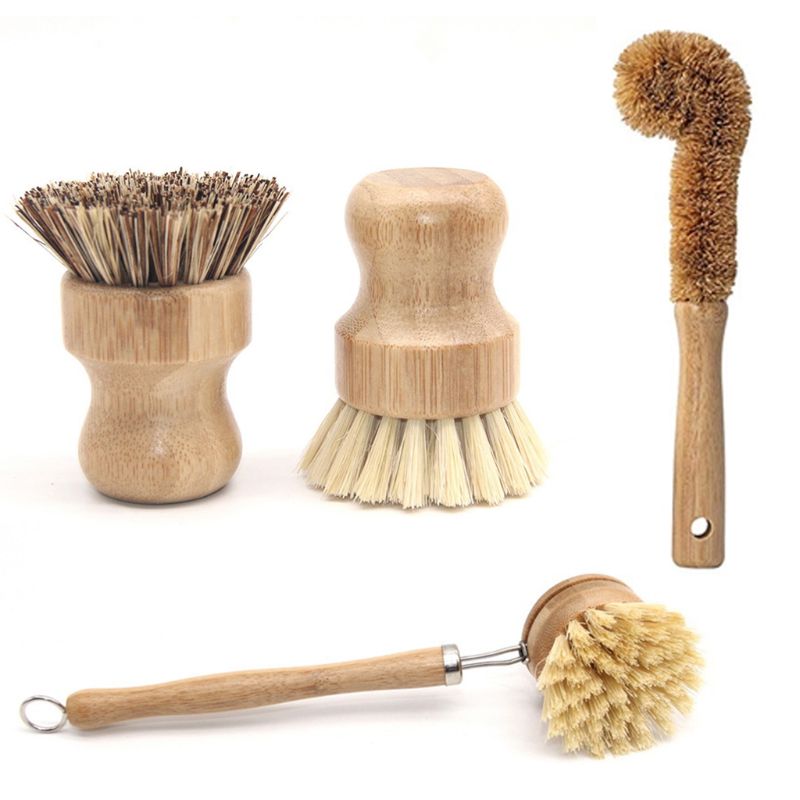 Image for four bamboo cleaning brushes. The set includes a long handle brush, a long bottle cleaning brush and two small bowl brushes.