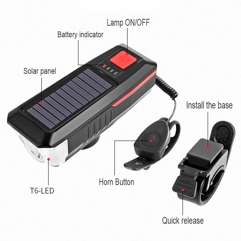 Solar Powered Bike Light with Horn | LED Bike Light For Night Riding | Rechargeable Bicycle Light