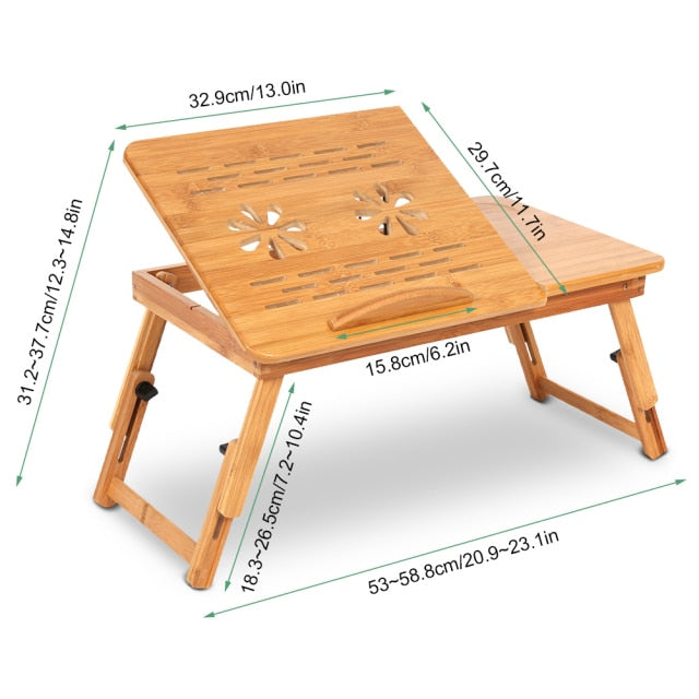 Image: Adjustable laptop stand dimensions (length range with expanded legs 53 to 58 cm, tilting panel width 32.9cm, legs height range 17.5 to 25cm, table top depth 17.7cm)