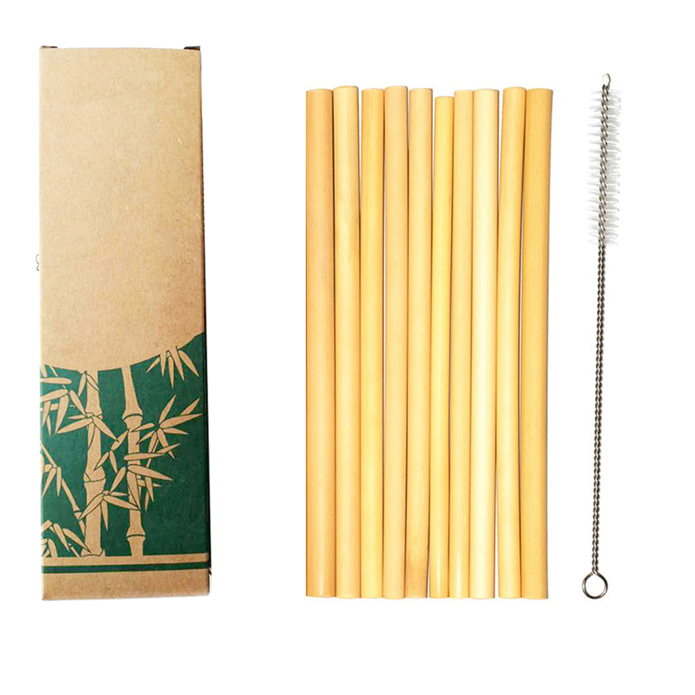 Image for 10 reusable bamboo drinking straws shown with a cleaning brush and paper packaging.