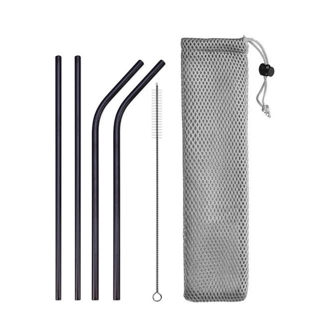 Image for reusable stainless steel drinking straws, two straight and two with bent heads in black color. A straw cleaning brush and carrying pouch is also included.