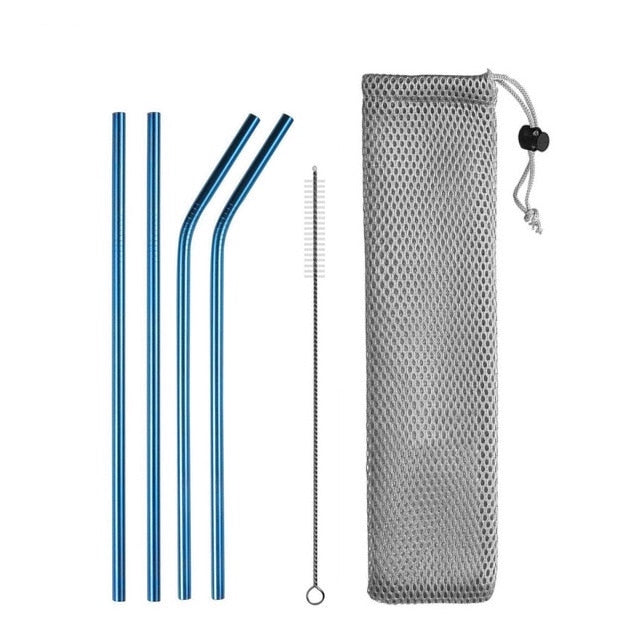 Image for reusable stainless steel drinking straws, two straight and two with bent heads in blue color. A straw cleaning brush and carrying pouch is also included.