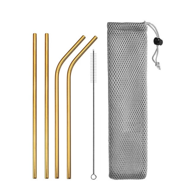 Image for reusable stainless steel drinking straws, two straight and two with bent heads in golden color. A straw cleaning brush and carrying pouch is also included.