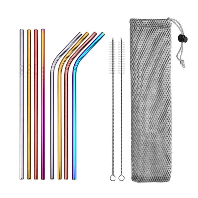 Image for reusable stainless steel drinking straws, four straight and four with bent heads in mixed colors. Two straw cleaning brushes and a carrying pouch is also included.