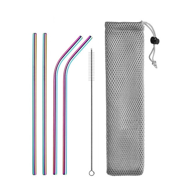 Image for reusable stainless steel drinking straws, two straight and two with bent heads in mixed colors. A straw cleaning brush and carrying pouch is also included.