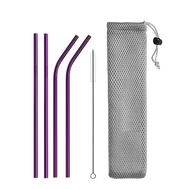 Image for reusable stainless steel drinking straws, two straight and two with bent heads in purple color. A straw cleaning brush and carrying pouch is also included.