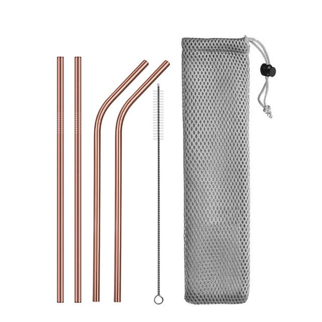 Image for reusable stainless steel drinking straws, two straight and two with bent heads in rose gold color. A straw cleaning brush and carrying pouch is also included.