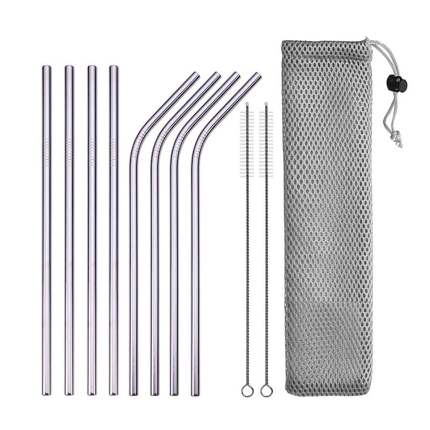 Image for reusable stainless steel drinking straws, four straight and four with bent heads in silver color. A straw cleaning brush and carrying pouch is also included.