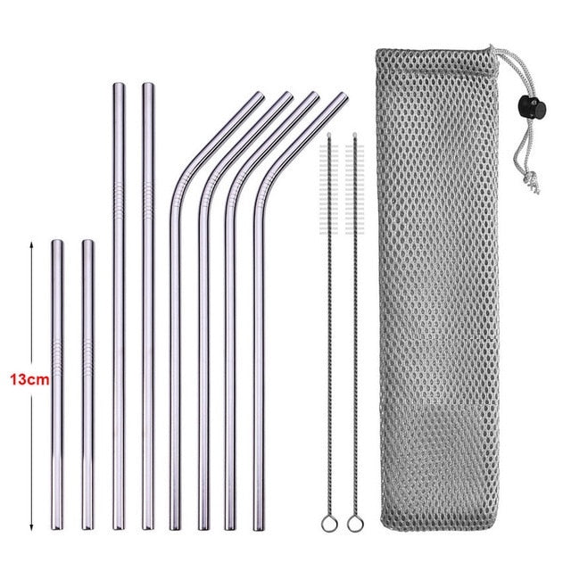 Image for reusable stainless steel drinking straws, two straight, two kids size and four with bent heads in silver color. Two straw cleaning brushes and a carrying pouch is also included.