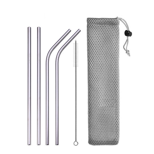 Image for reusable stainless steel drinking straws, two straight and two with bent heads in silver color. A straw cleaning brush and carrying pouch is also included.