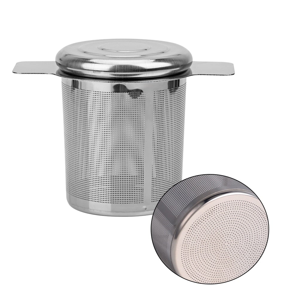 Image for stainless steel loose leaf tea infuser with lid placed on top. A small view of the inner bottom is shown on the side too.