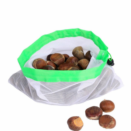 Image for reusable washable grocery bag containing nuts. The top mouth of bag is a green bar. It has a lock or draw string to secure the contents.