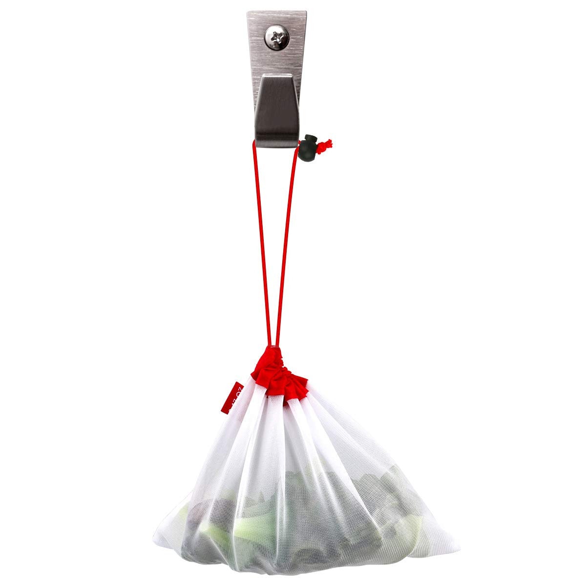 Image for reusable and washable grocery bag full of vegetables and hanged with a steel hook.