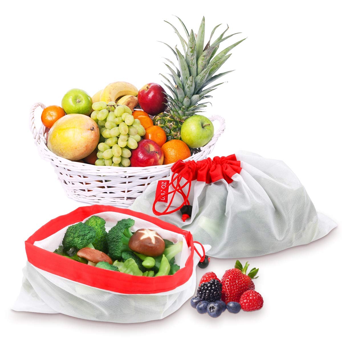 Image for two reusable grocery bags filled with fruits and vegetables placed next to a white plant based fruit basket.
