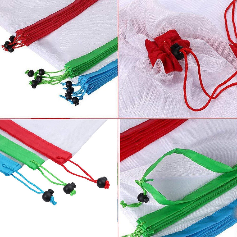 Image for reusable grocery bags shown in multiple different angles. It also shows how the draw string can be used to lock the bag.