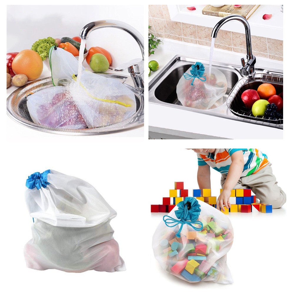 Image for reusable grocery bags shown as filled with fruits and vegetables and being washed in the kitchen sink. They are also shown as being used for storing toys.