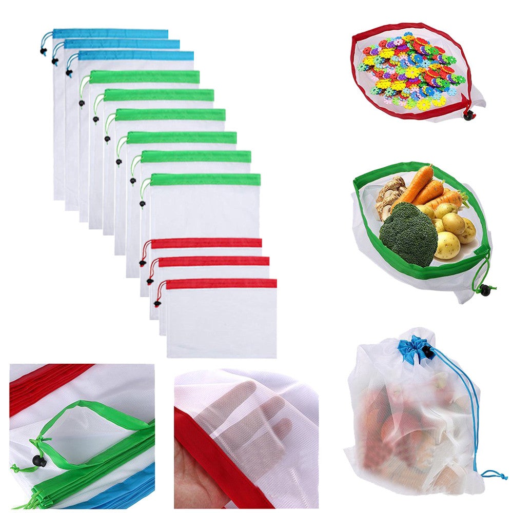 Image for reusable grocery bags used to store and carry vegetables, fruits and toys. One part of image also shows a person putting their hand inside the bag to show the quality of fine fabric mesh which the bag is made of.
