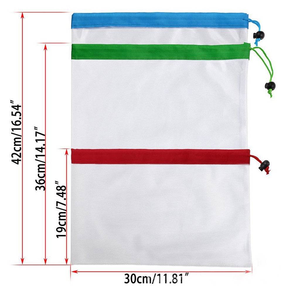 Image for 3 reusable and washable bags with marked dimensions. The large bag is 12 inch wide and 17 inch long. The medium bag is 12 inch wide and 15 inch long. The small bag is 12 inch wide and 8 inch long.