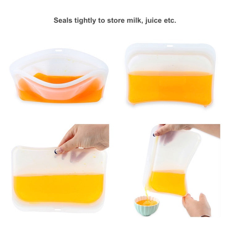 Image for reusable silicone ziplock bag being used to store the liquid food where it shows it is leak proof and the liquid can be easily transferred to a bowl when removing from storage.