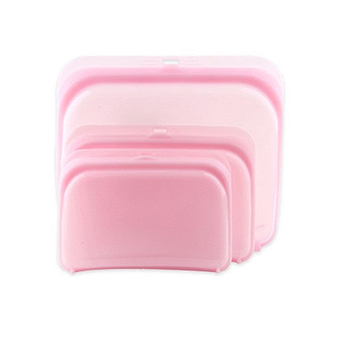 Image for three reusable different size ziplock bags in pink color.
