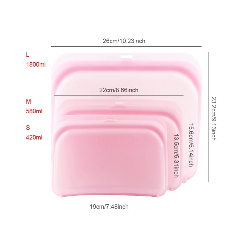 Image for three reusable silicone ziplock bags with marked dimensions. The large bag is 10.23 inch long and 9.13 inch wide. The medium bag is 8.66 inch long and 6.14 inch wide. The small bag is 7.48 inch long and 5.31 inch wide.