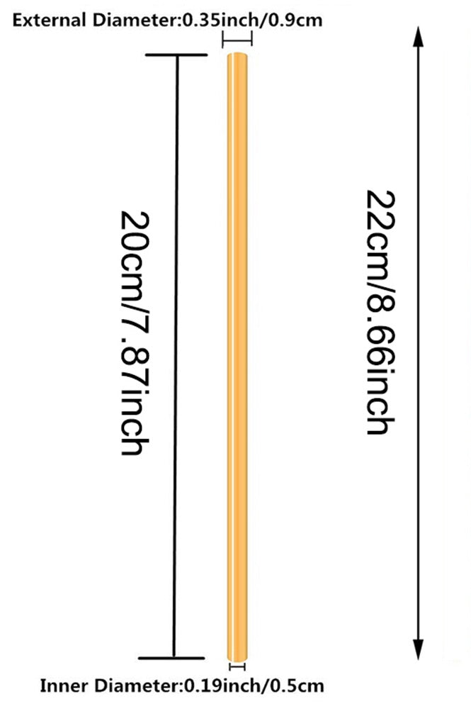 Image for a reusable bamboo drinking straw with marked dimensions as 8.66 inch long, inner diameter as 0.5 centimeters and outer diameter as 0.9 centimeters.