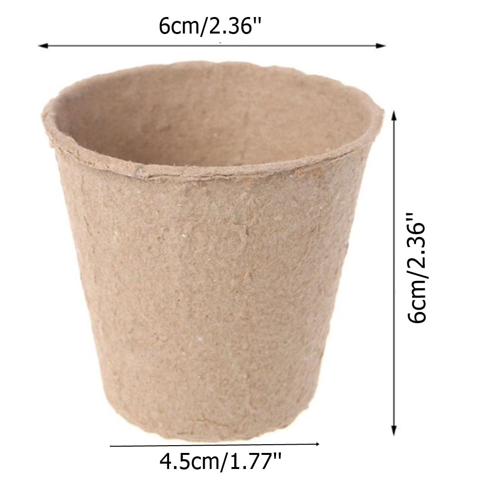 Image for a small paper seed starter pot placed straight up, with marked dimensions as 2.36 inch diameter and 2.36 inch height.